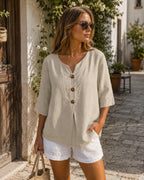 Marlowe Cotton Linen V Neck Top – 3/4 Sleeve Boho Blouse