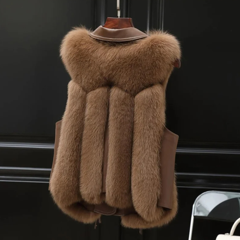 Hazel Women's Faux Fur Gilet – Oversized Lapel Tie Waist Smart Casual Vest
