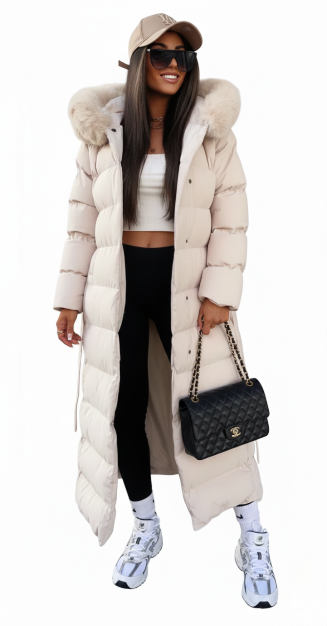 Josephine Women's Long Quilted Winter Coat – Faux Fur Belted Puffer Jacket