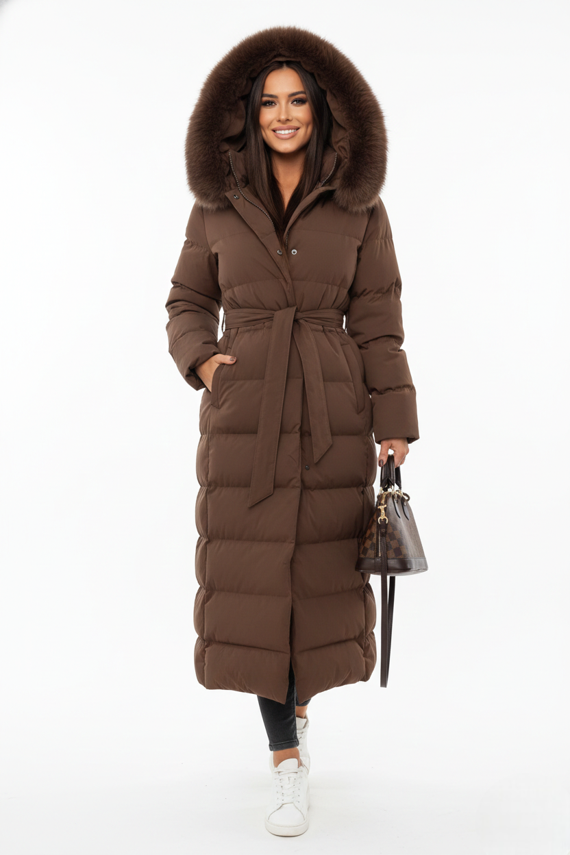 Josephine Women's Long Quilted Winter Coat – Faux Fur Belted Puffer Jacket