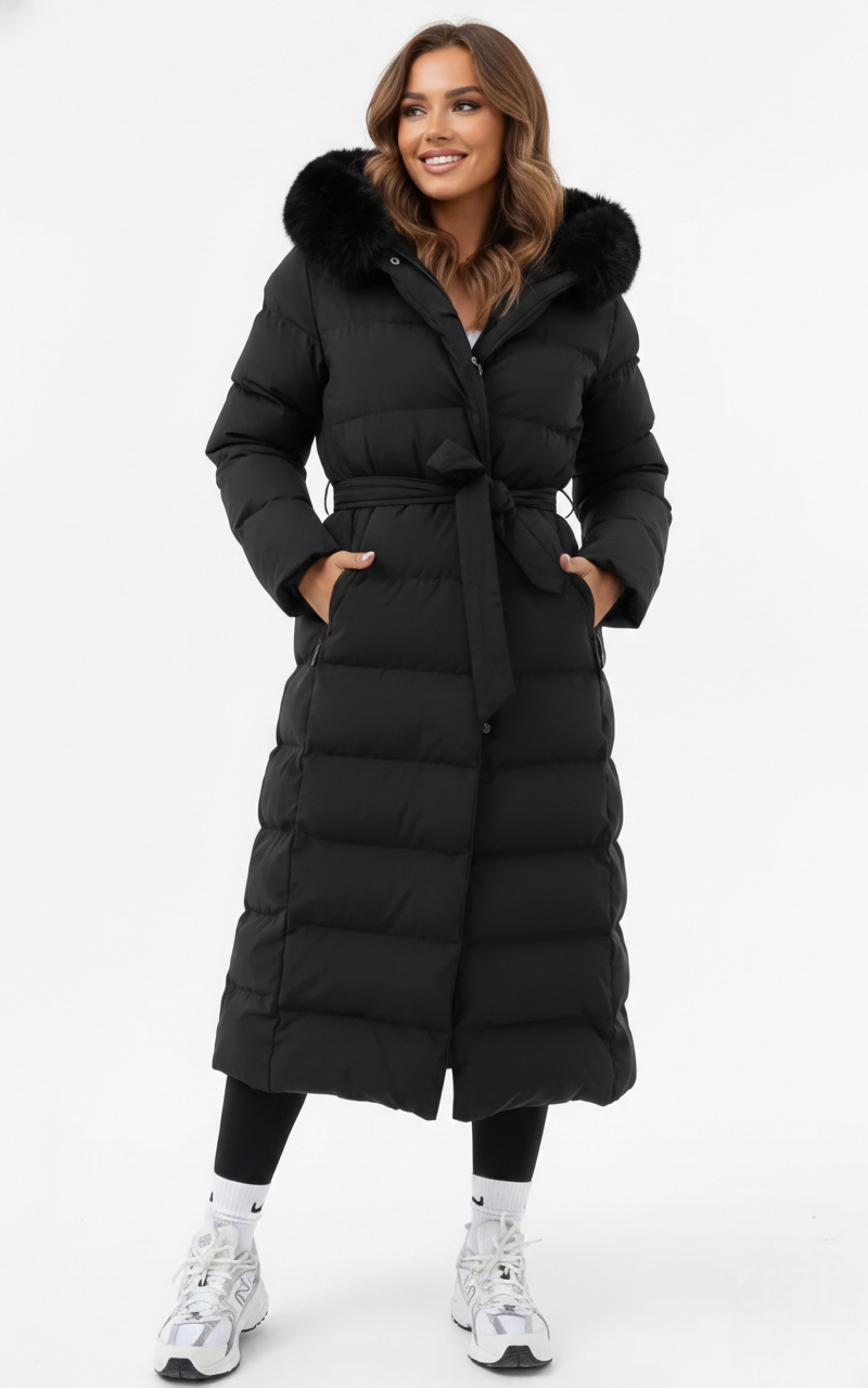 Josephine Women's Long Quilted Winter Coat – Faux Fur Belted Puffer Jacket