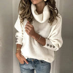 Nina Women's Roll Neck Jumper – Soft Knit Button Sleeve Winter Sweater