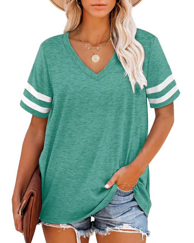 Hazelyn Women's V Neck T-Shirt – Short Sleeve Striped Casual Summer Top
