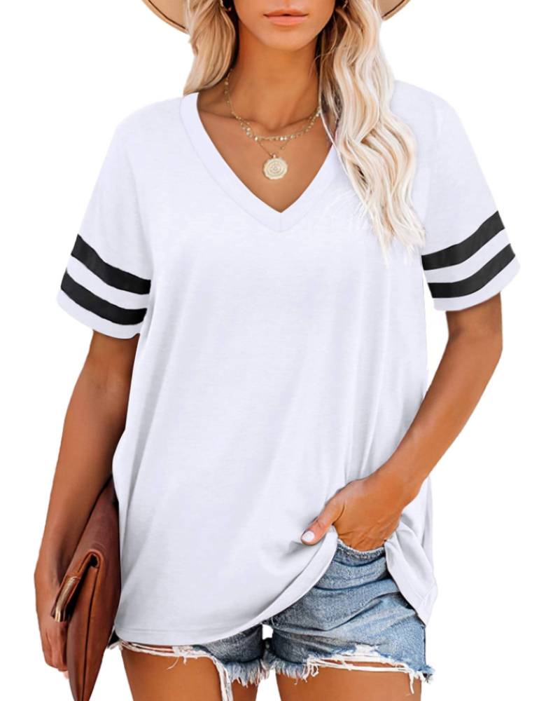 Hazelyn Women's V Neck T-Shirt – Short Sleeve Striped Casual Summer Top