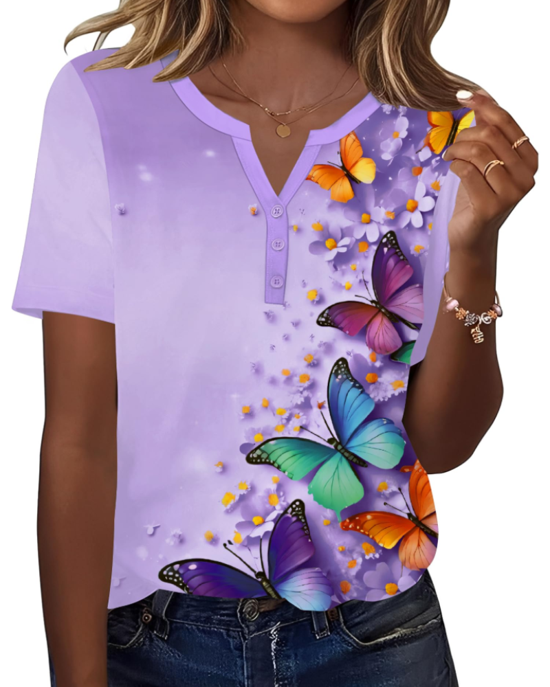 Bryony Women's V Neck Henley Tunic Top – Short Sleeve Button Front Blouse