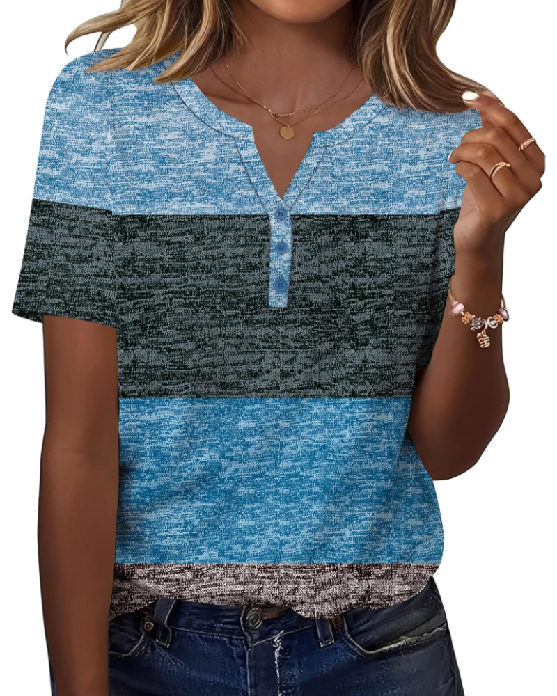 Bryony Women's V Neck Henley Tunic Top – Short Sleeve Button Front Blouse