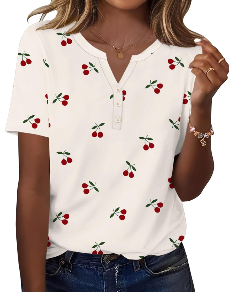 Bryony Women's V Neck Henley Tunic Top – Short Sleeve Button Front Blouse