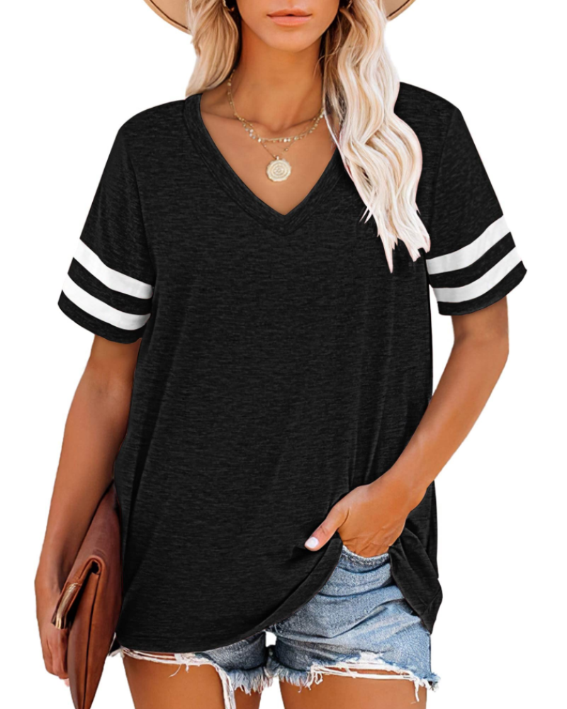 Hazelyn Women's V Neck T-Shirt – Short Sleeve Striped Casual Summer Top