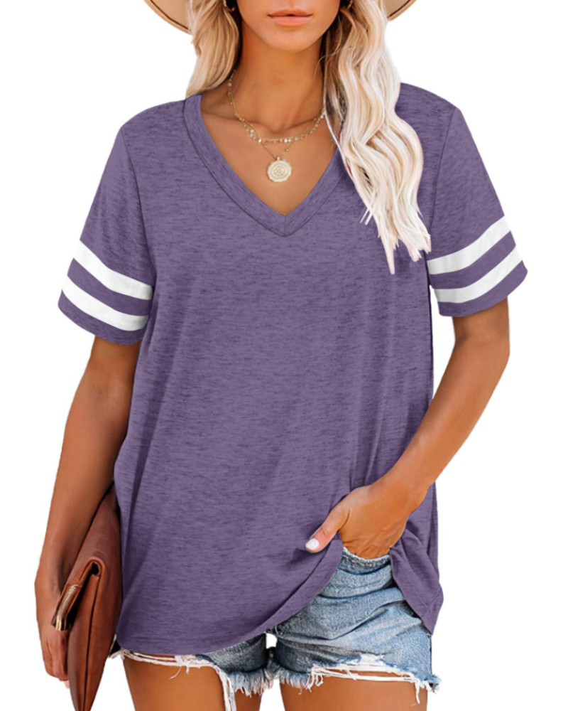 Hazelyn Women's V Neck T-Shirt – Short Sleeve Striped Casual Summer Top