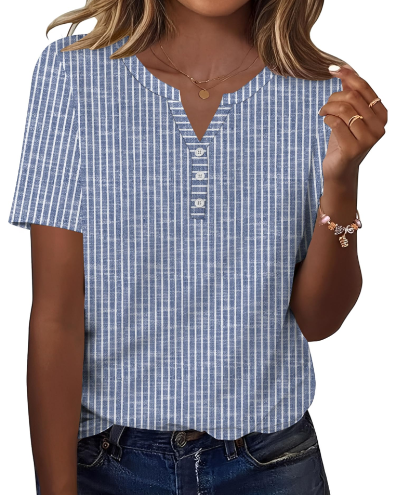 Bryony Women's V Neck Henley Tunic Top – Short Sleeve Button Front Blouse