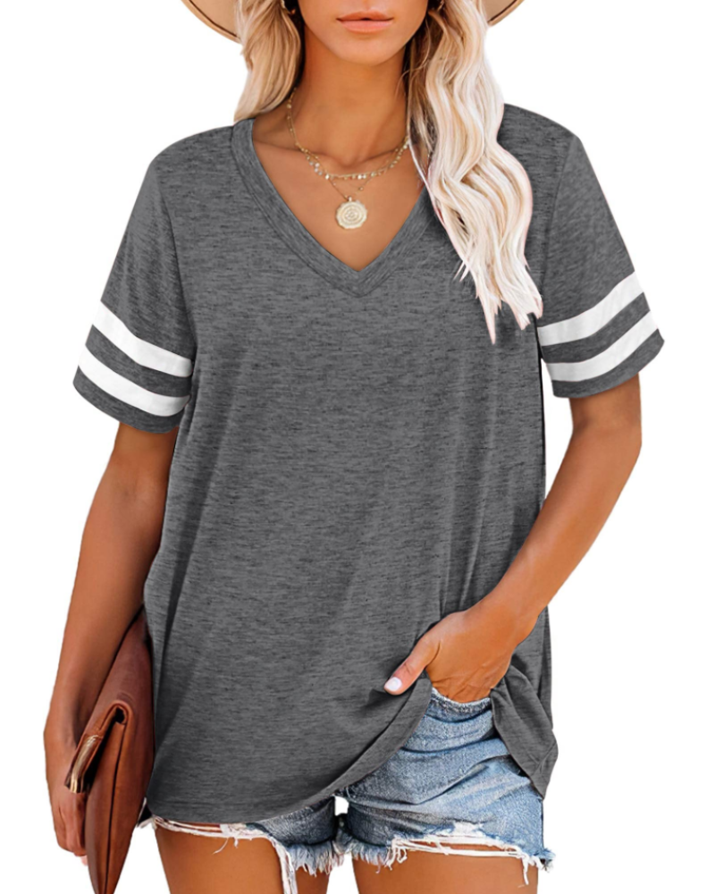 Hazelyn Women's V Neck T-Shirt – Short Sleeve Striped Casual Summer Top