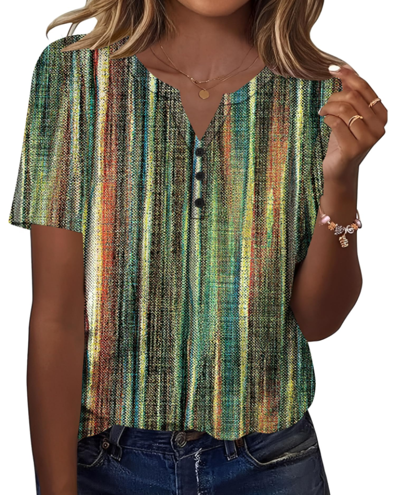 Bryony Women's V Neck Henley Tunic Top – Short Sleeve Button Front Blouse