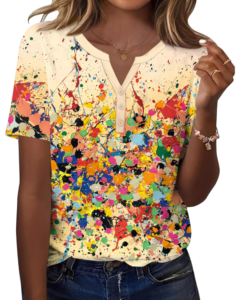 Bryony Women's V Neck Henley Tunic Top – Short Sleeve Button Front Blouse