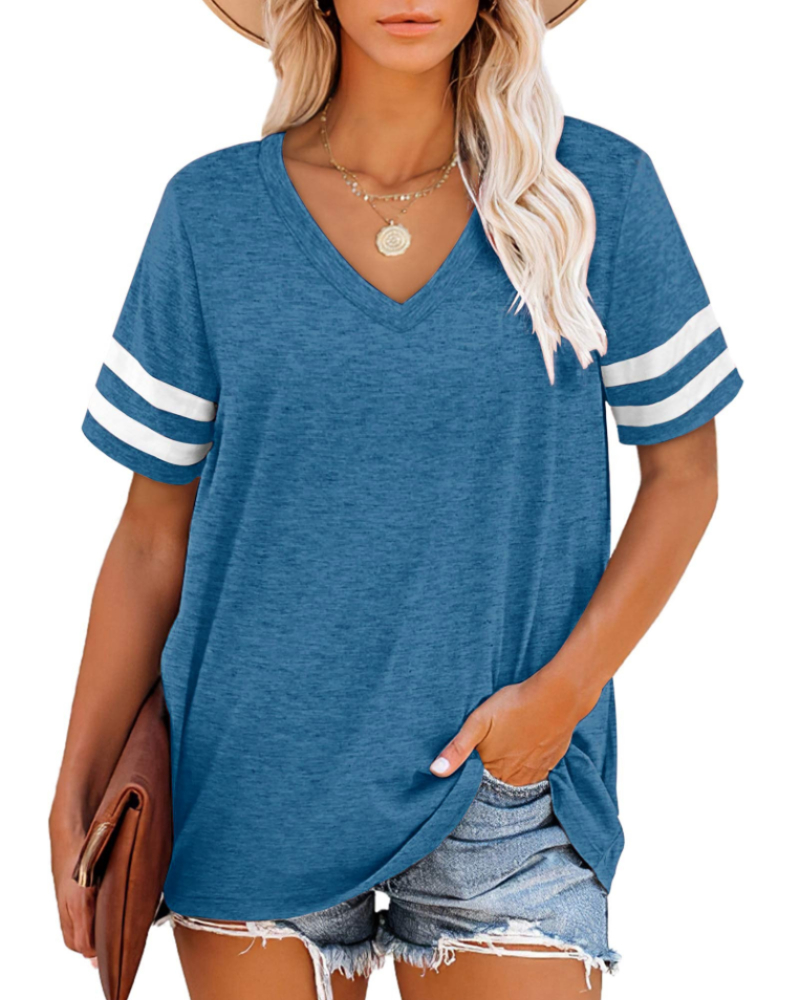 Hazelyn Women's V Neck T-Shirt – Short Sleeve Striped Casual Summer Top