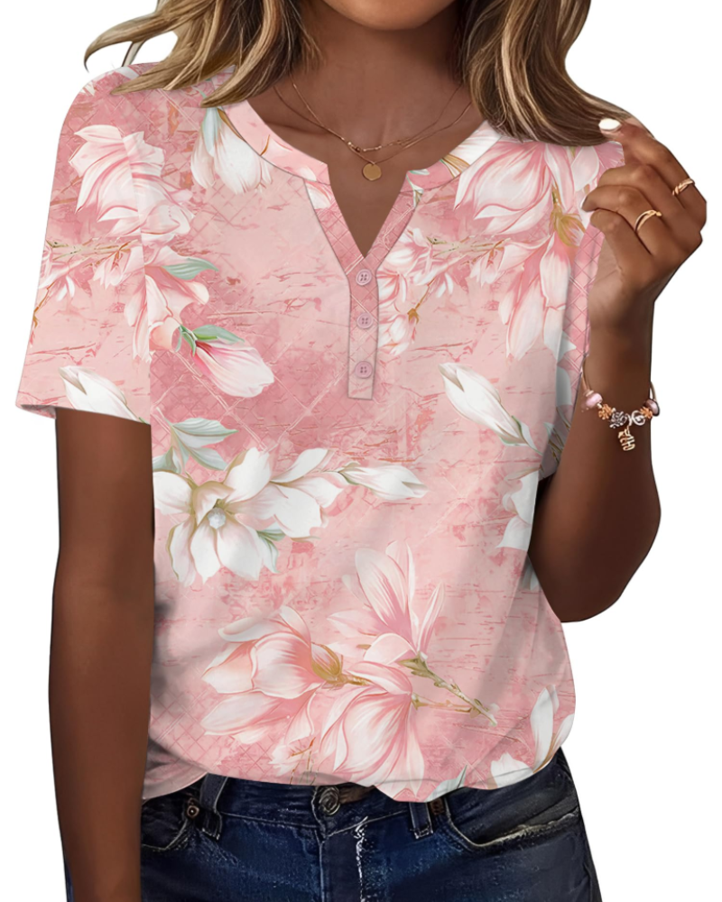 Bryony Women's V Neck Henley Tunic Top – Short Sleeve Button Front Blouse