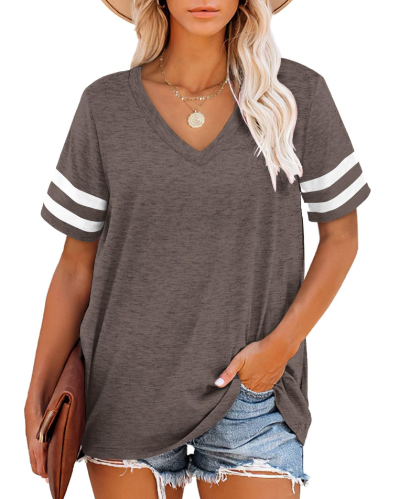 Hazelyn Women's V Neck T-Shirt – Short Sleeve Striped Casual Summer Top