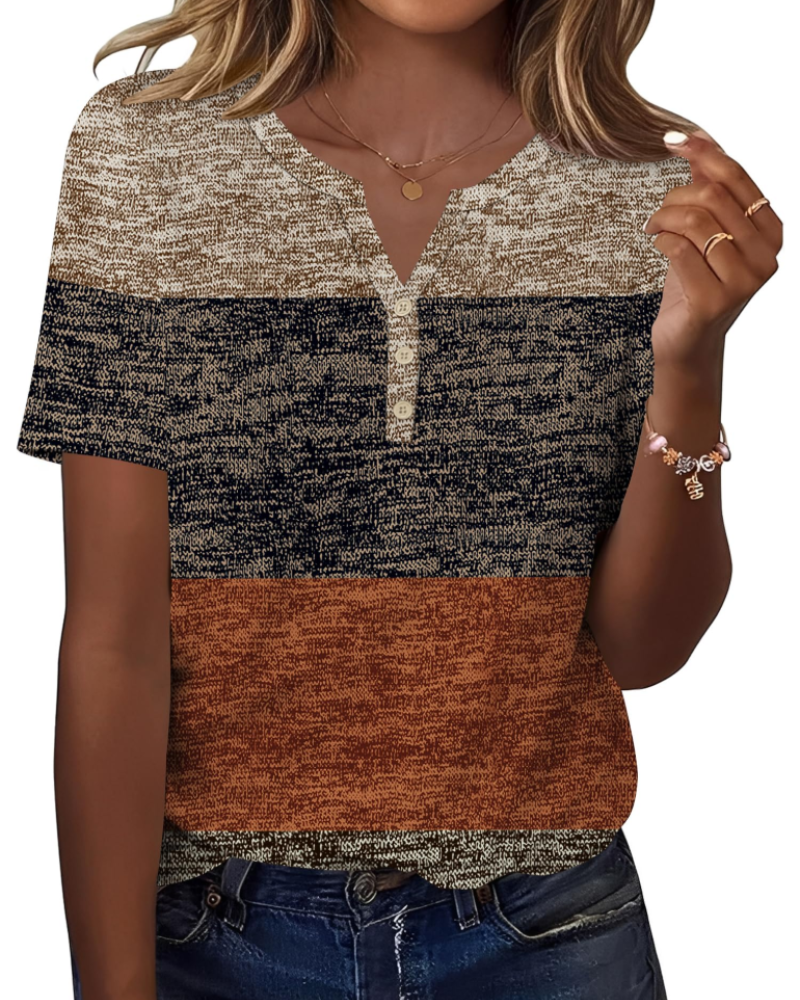 Bryony Women's V Neck Henley Tunic Top – Short Sleeve Button Front Blouse