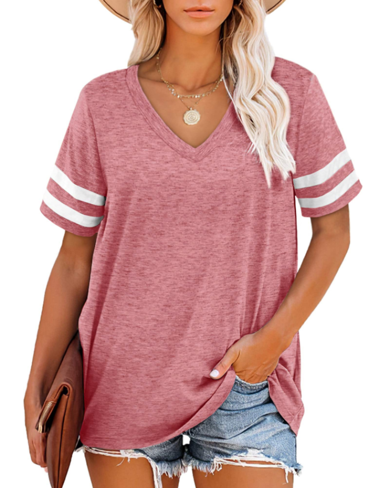 Hazelyn Women's V Neck T-Shirt – Short Sleeve Striped Casual Summer Top