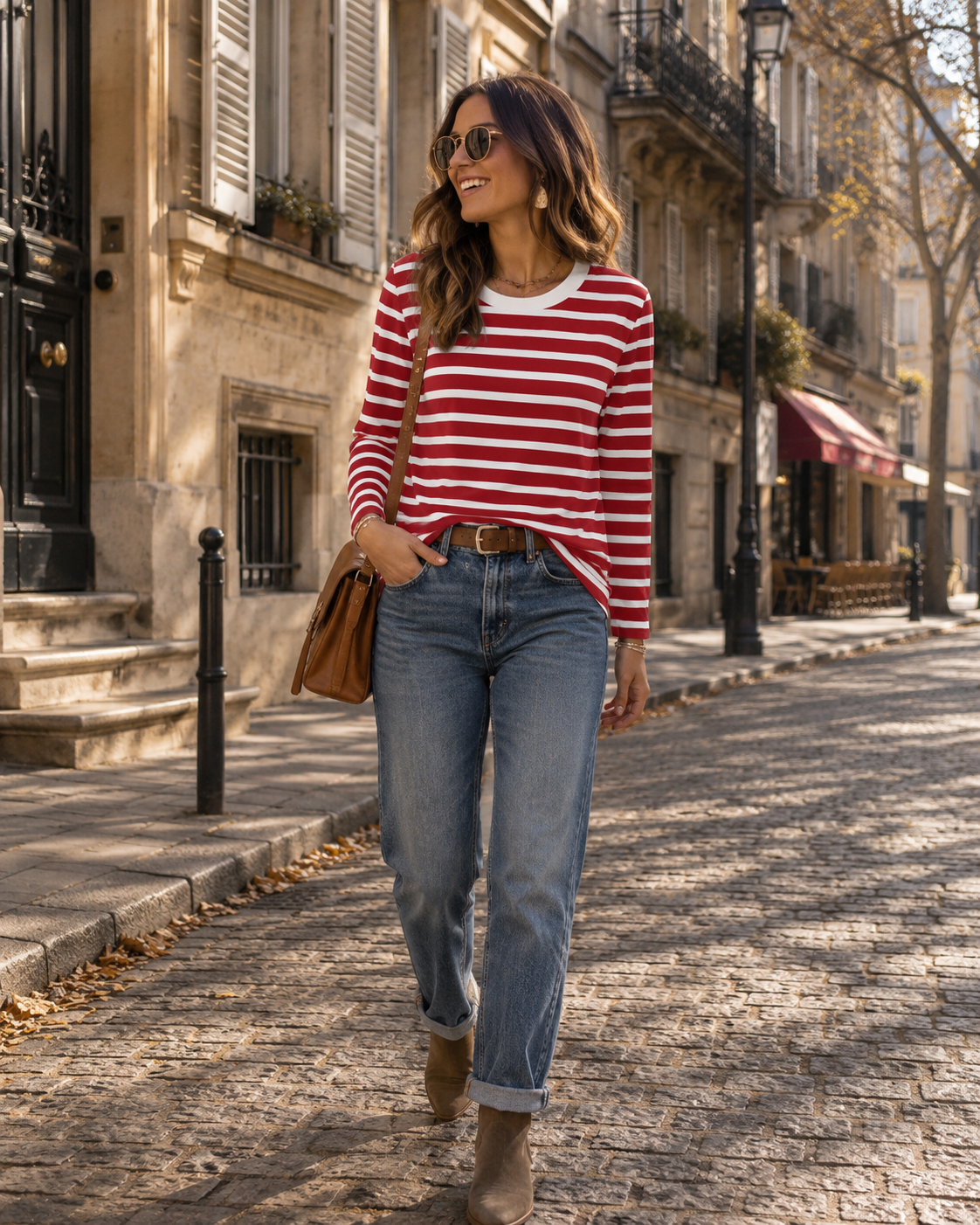 Daphne Women’s Striped Top – Contrast Crew Neck Long Sleeve Relaxed Fit Shirt
