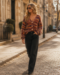 Nola Women’s Striped Cardigan – Fluffy Knit V-Neck Button Front Relaxed Fit Sweater