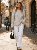 Moira Women’s Cable Knit Sweater – Cotton Blend Oversized Crew Neck Long Sleeve Pullover
