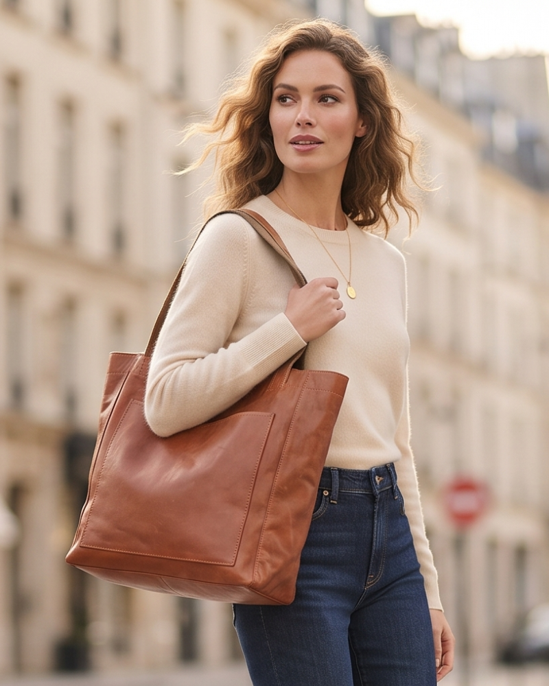 Calista Women's Leather Tote Bag – Spacious Zip-Top Work & Travel Handbag