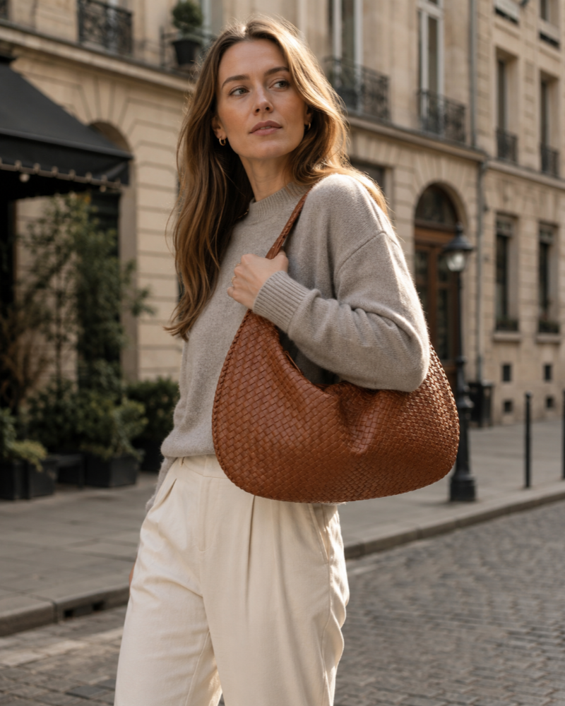 Elowen Women's Woven Tote Bag – Vegan Leather Zip Shoulder Handbag