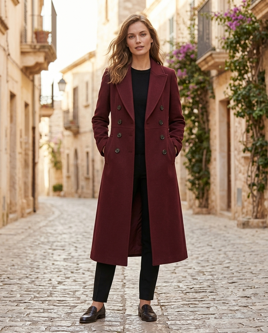 Genevieve Women's Wool Blend Coat – Double Breasted Long Burgundy Winter Coat