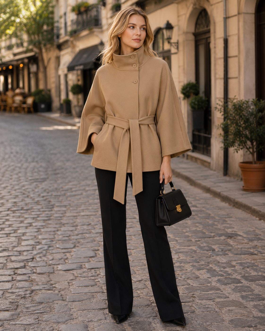 Genevra Women's Wool Blend Coat – Belted High Neck Long Winter Overcoat
