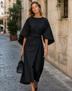 Arabella Women's Elegant Dress – Puff Sleeve Adjustable Waist Midi Dress