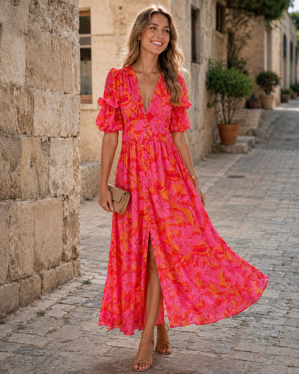 Vivienne Women's V Neck Dress – Puff Sleeve Elegant Midi Dress in Rose Pink