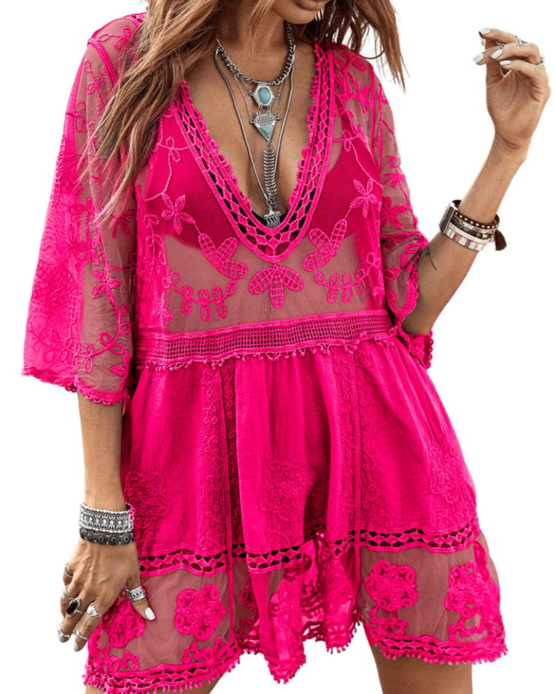 Vivienne Women's Lace Beach Cover Up – V Neck Sheer Swimwear Kaftan Dress