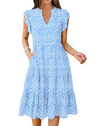 Natalie Women's Ruffle Sleeve Midi Dress – V Neck Tiered Boho Casual Dress