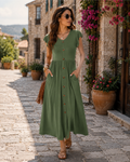 Maren Women's V Neck Midi Dress – Ruffle Sleeve Button Detail Dress with Pockets