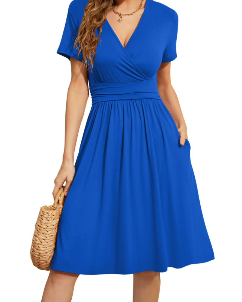 Rosalie Women's Floral Wrap Dress – V Neck Short Sleeve A-Line Pocket Midi Dress