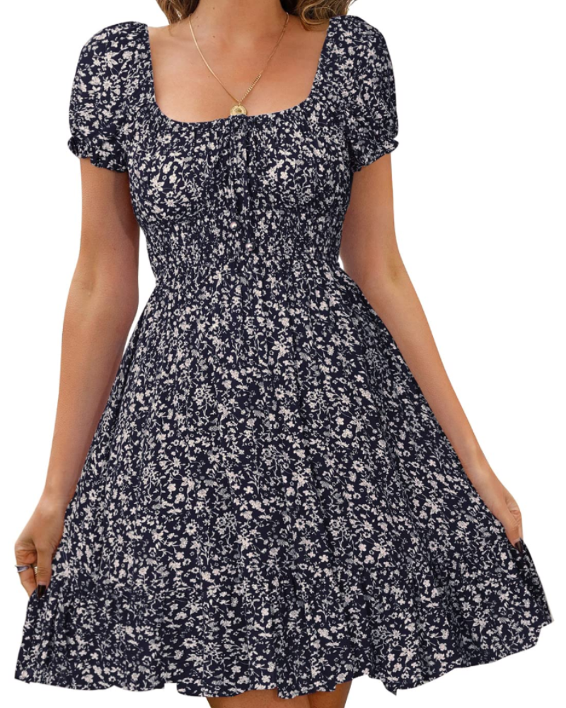 Lydia Women's Floral Mini Dress – Puff Sleeve Tie Neck Open Back Summer Dress