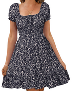 Lydia Women's Floral Mini Dress – Puff Sleeve Tie Neck Open Back Summer Dress