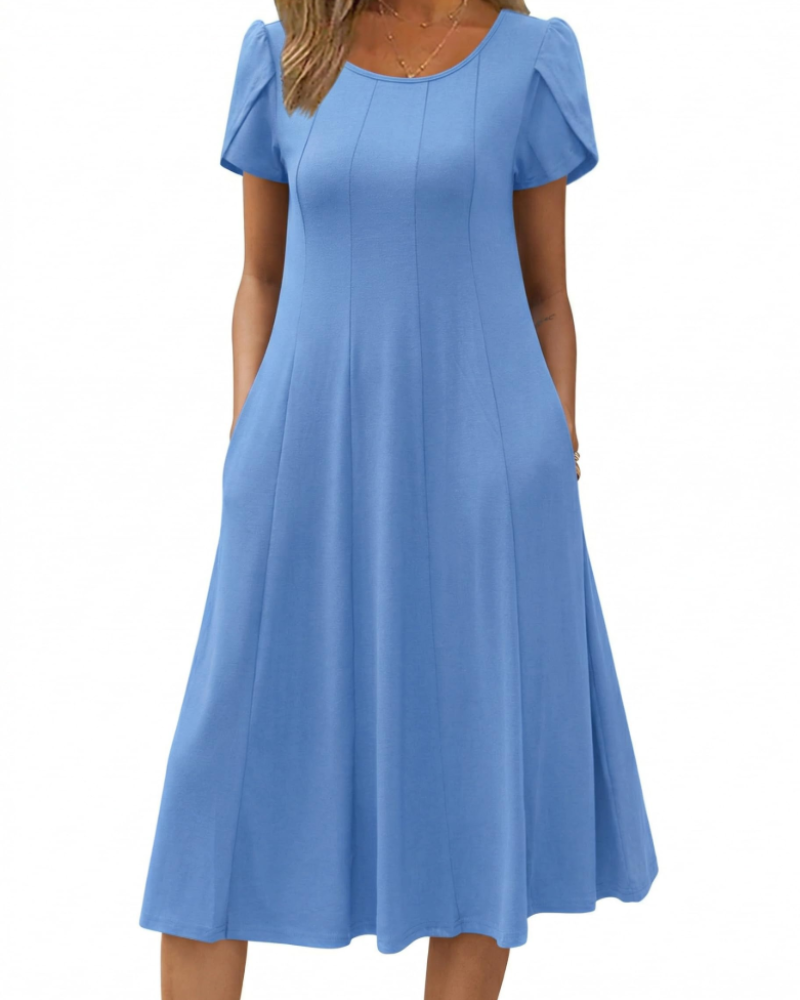 Dahlia Women's Floral Midi Dress – Short Sleeve Crew Neck Swing Dress with Pockets