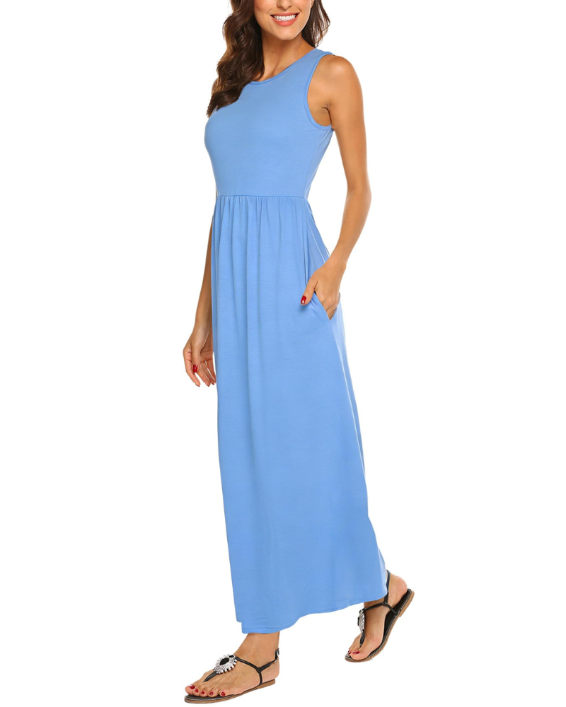 Eloise Women's Striped Maxi Dress – Sleeveless Crew Neck Pocket Casual Summer Dress