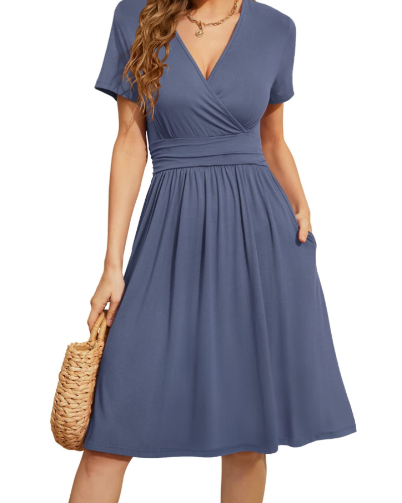 Rosalie Women's Floral Wrap Dress – V Neck Short Sleeve A-Line Pocket Midi Dress