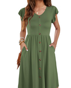 Maren Women's V Neck Midi Dress – Ruffle Sleeve Button Detail Dress with Pockets