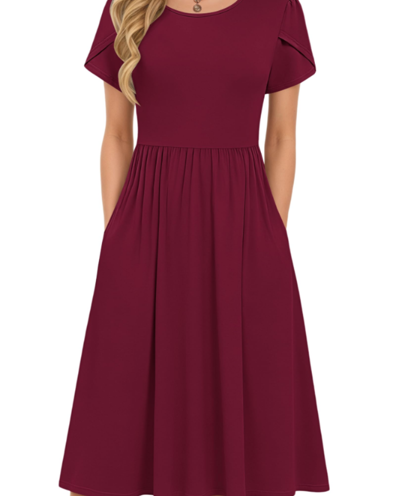Eloise Women's A-Line Midi Dress – Short Sleeve Round Neck Dress with Pockets