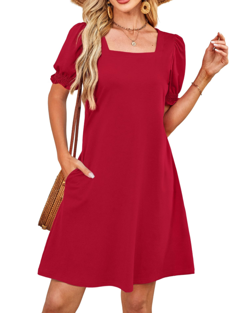 Lydia Women's Square Neck Dress – Puff Sleeve Pocket Casual Midi Dress