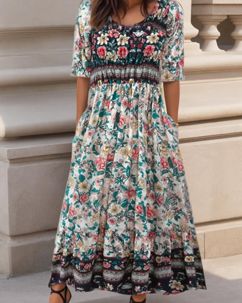 Sylvia Women's Floral Midi Dress – Short Sleeve A-Line Beach Dress with Pockets