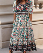 Sylvia Women's Floral Midi Dress – Short Sleeve A-Line Beach Dress with Pockets