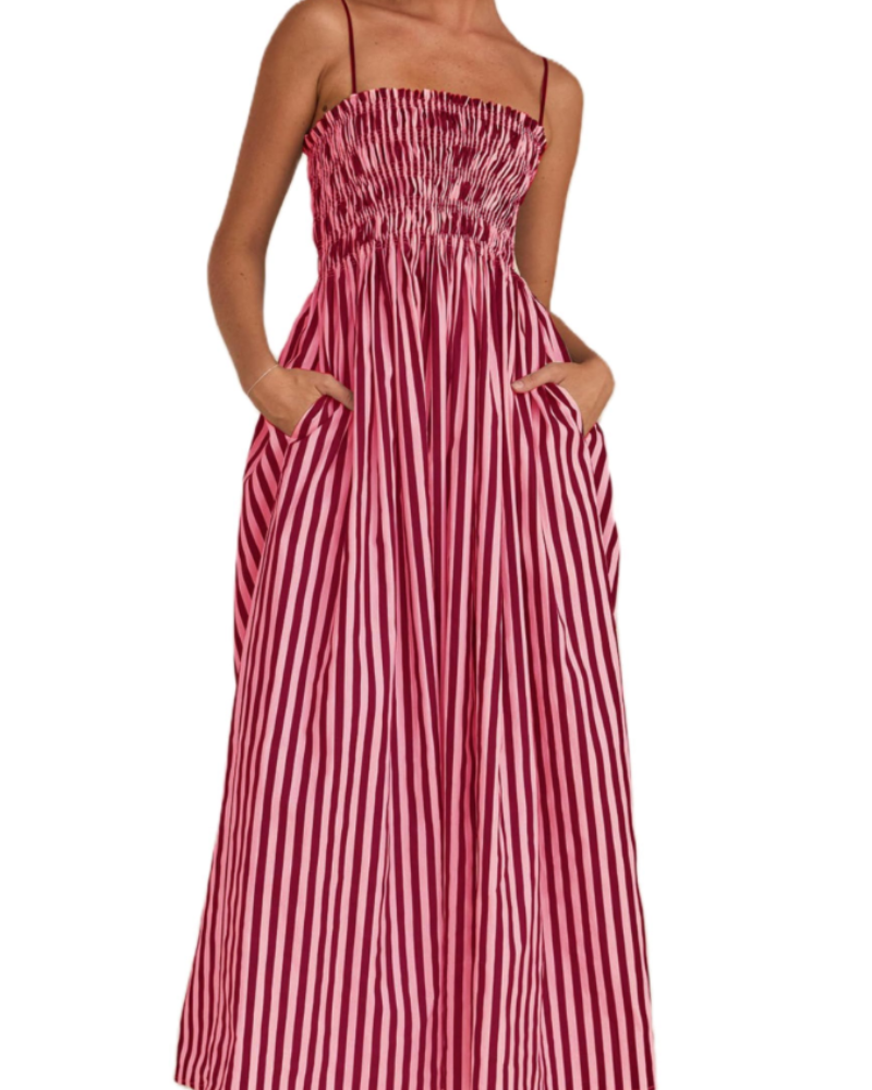 Roslyn Women's Striped Maxi Dress – Square Neck Spaghetti Strap Smocked Dress