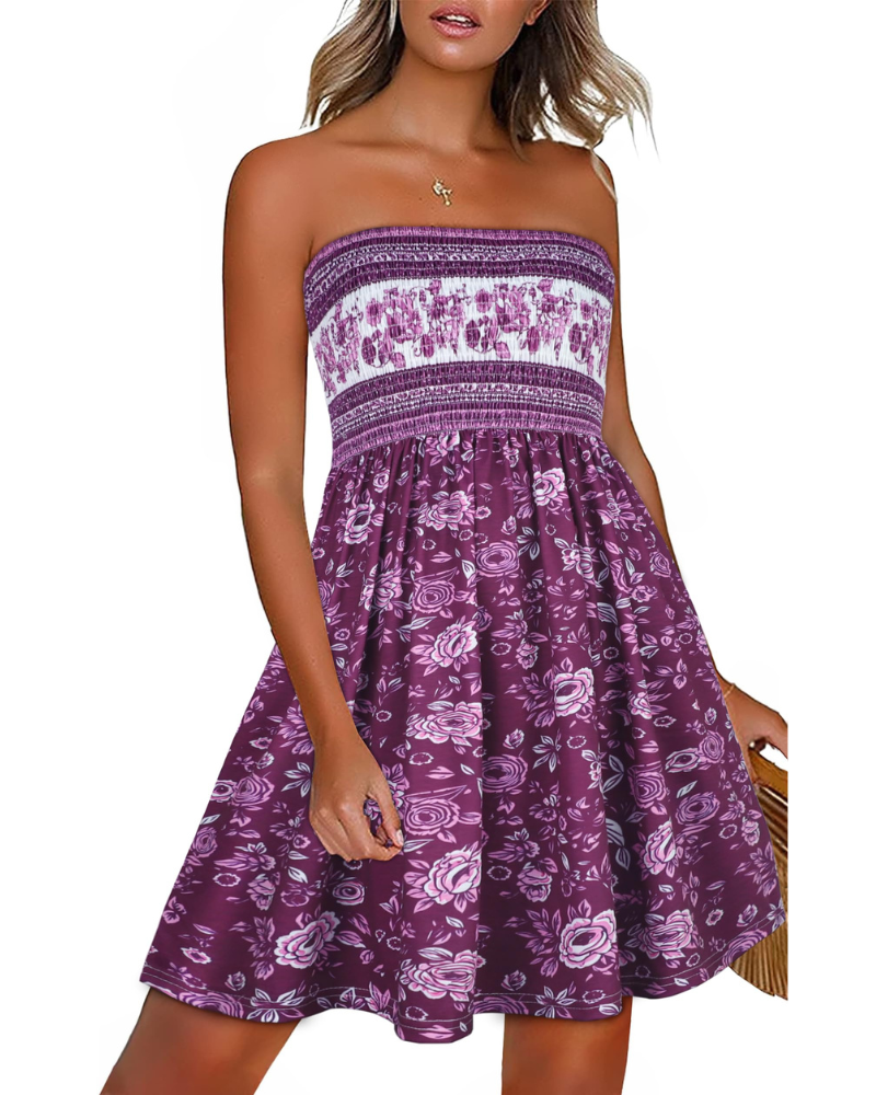 Darline Women's Strapless Sundress – Boho Floral A-Line Beach Summer Dress