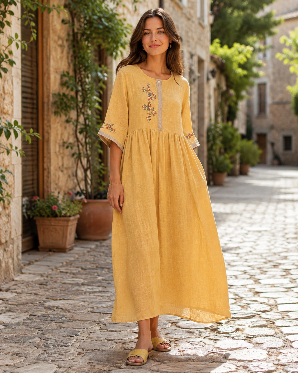 Rosalind Women's Cotton Linen Dress – Embroidered Boho Ethnic Midi Dress