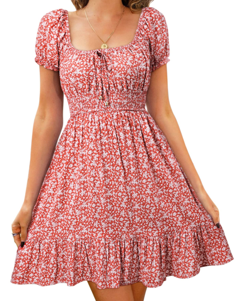 Lydia Women's Floral Mini Dress – Puff Sleeve Tie Neck Open Back Summer Dress