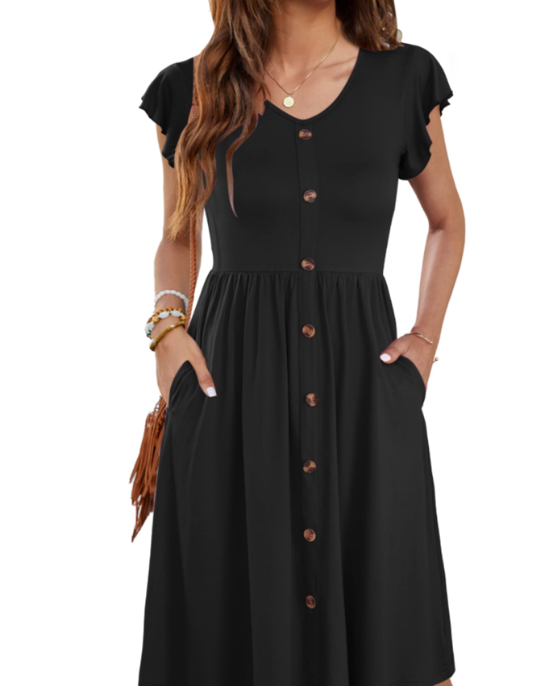 Maren Women's V Neck Midi Dress – Ruffle Sleeve Button Detail Dress with Pockets